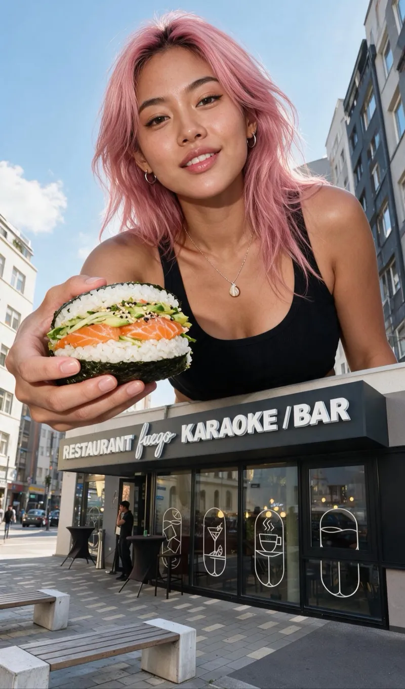 Frau hält einen Sushi-Burger mit Lachs vor dem Fuego Karaoke / Bar