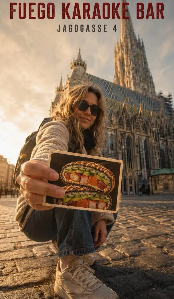 Frau hält ein Bild eines Sushi-Burgers vor dem Stephansdom, Schriftzug Fuego Karaoke Bar Jagdgasse 4