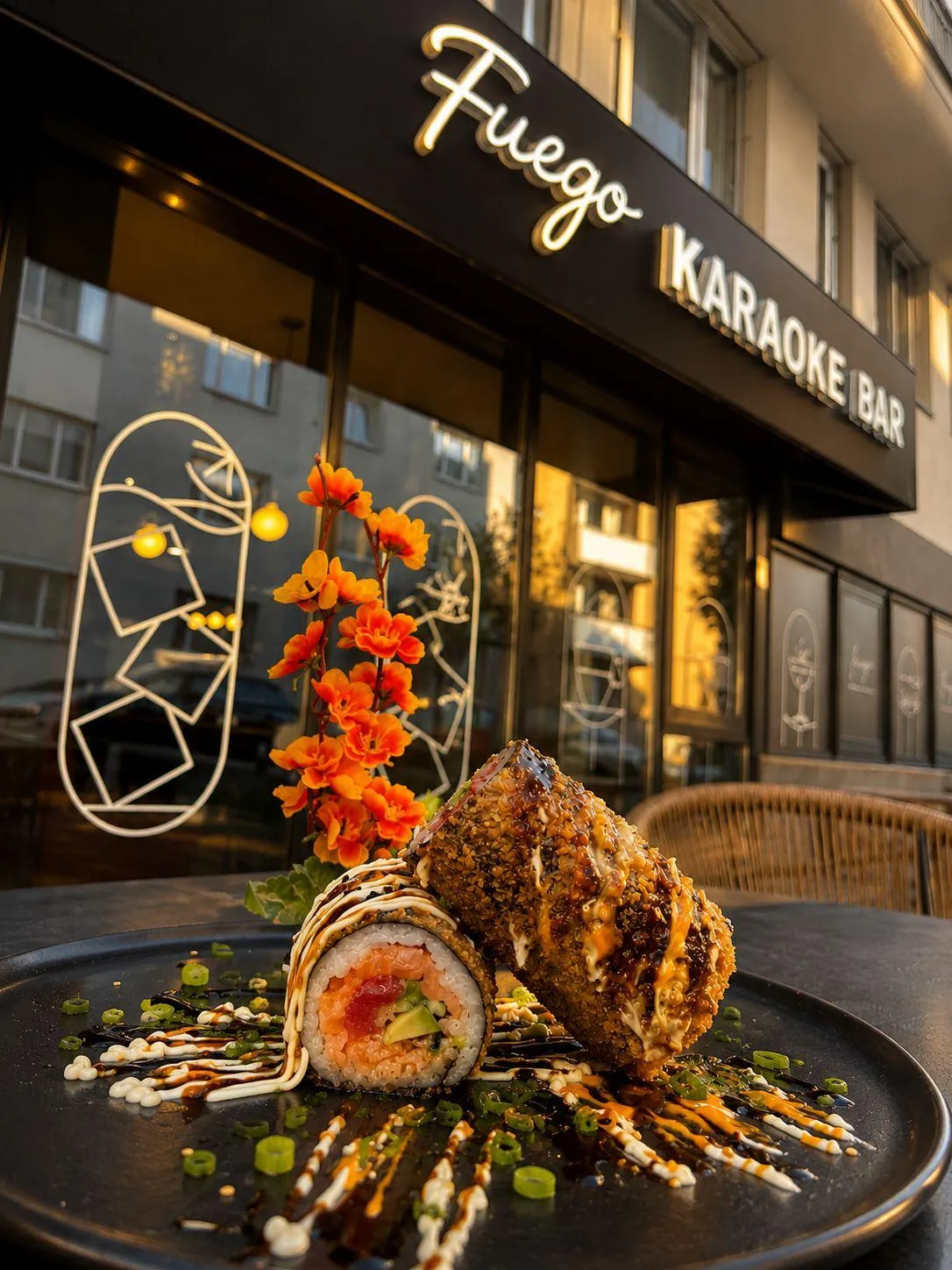 Gast hält eine große, bunte Sushi-Platte vor dem Eingang des Restaurant Fuego