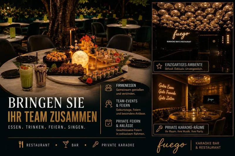 Fuego-Sujet „Bringen Sie Ihr Team zusammen“ mit Sharing-Platten und Karaoke-Räumen
