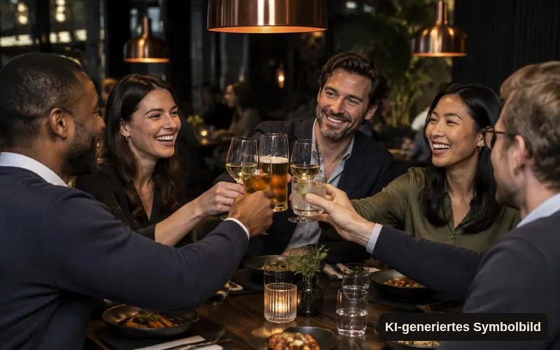 KI-generiertes Symbolbild: Kolleginnen und Kollegen stoßen bei einem Abendessen an