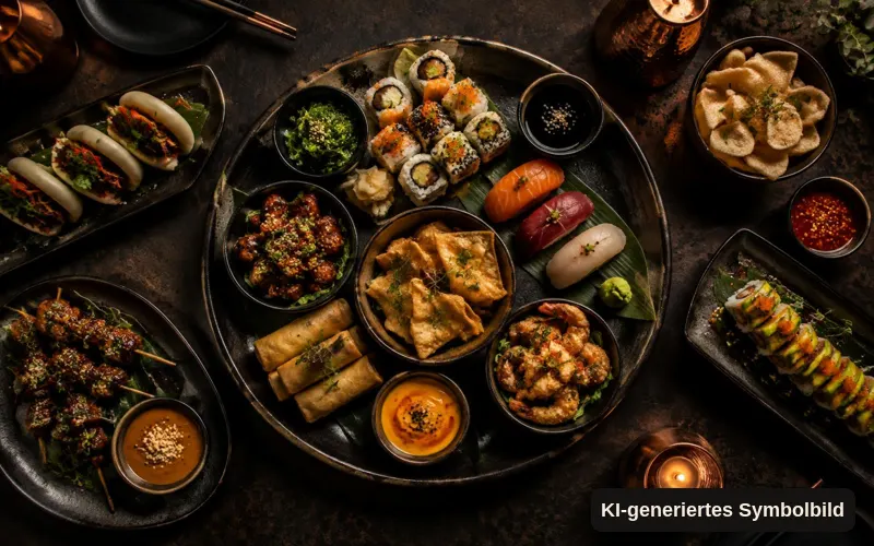 KI-generiertes Symbolbild: Sharing-Platte mit Sushi, Frühlingsrollen und asiatischen Snacks