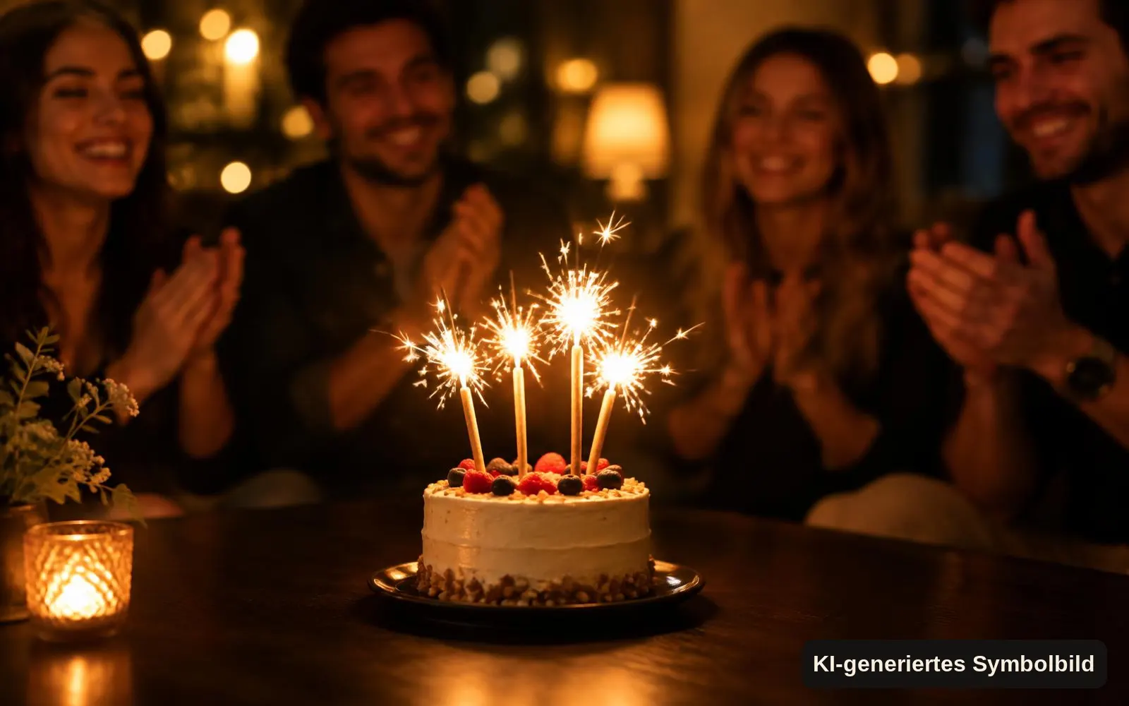 KI-generiertes Symbolbild: Torte mit Wunderkerzen, im Hintergrund applaudierende Gäste