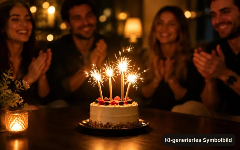 KI-generiertes Symbolbild: Torte mit Wunderkerzen, im Hintergrund applaudierende Gäste