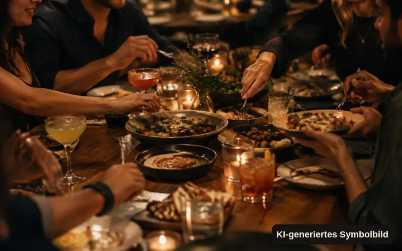KI-generiertes Symbolbild: Freundesgruppe teilt Speisen an einem langen Tisch bei Kerzenlicht