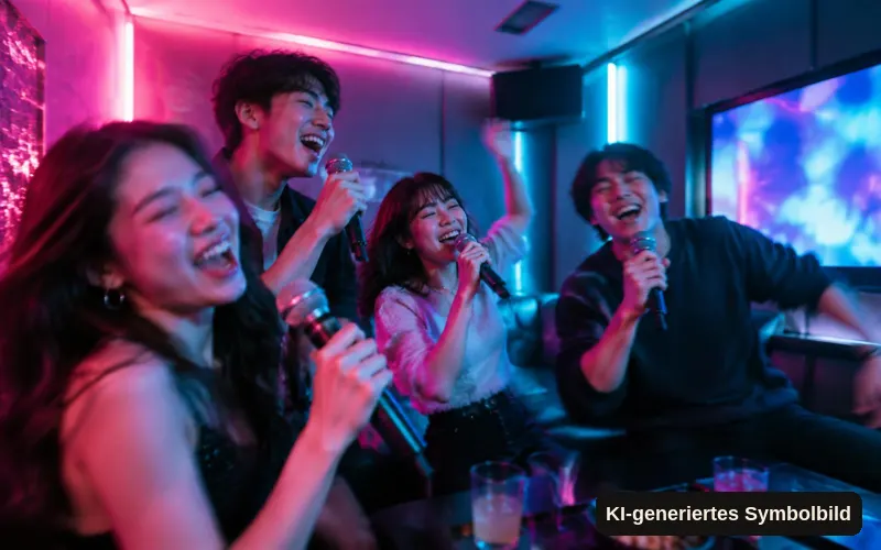 KI-generiertes Symbolbild: Freunde singen mit Mikrofonen in einem neonbeleuchteten Raum
