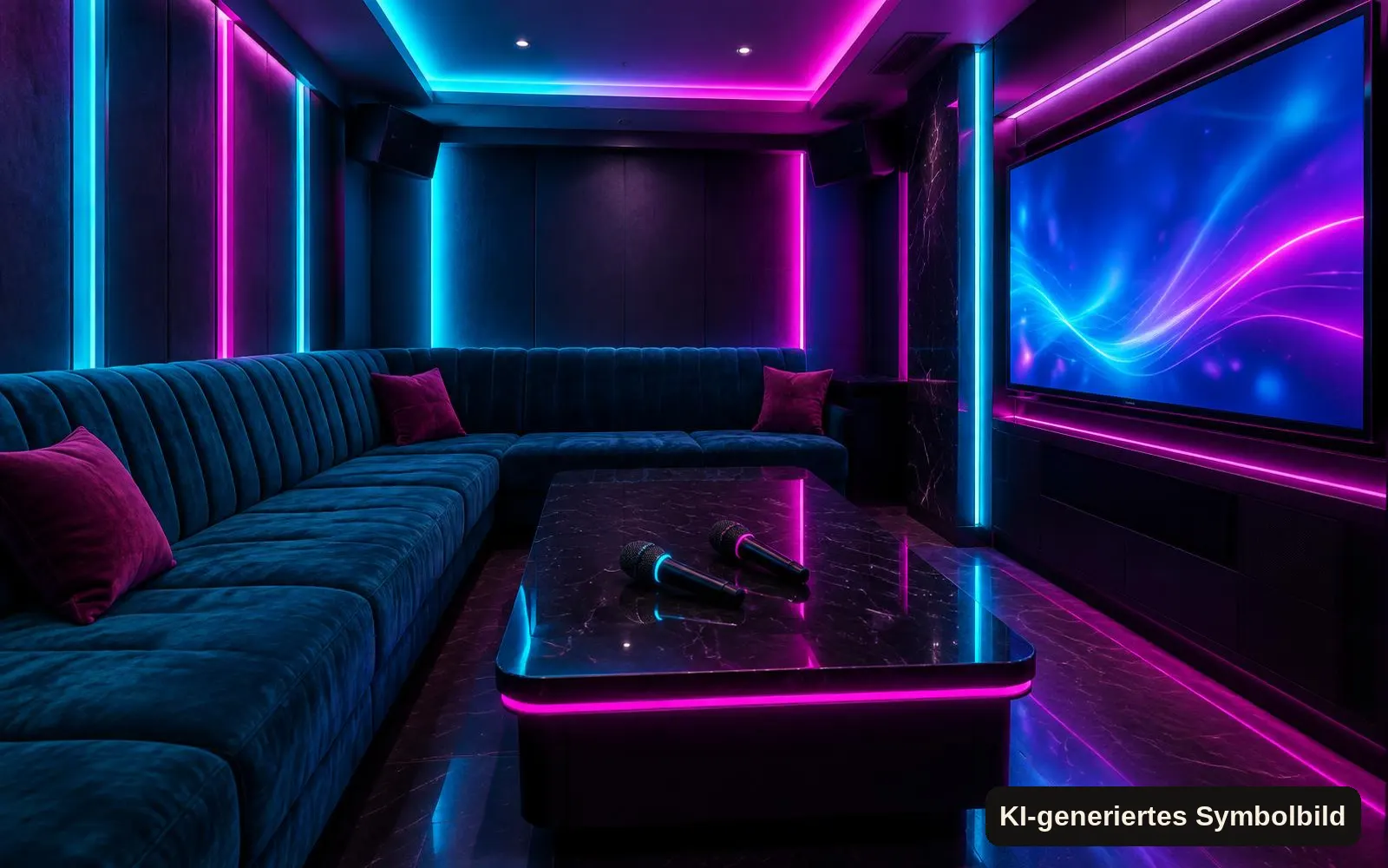 KI-generiertes Symbolbild: Leerer Karaoke-Raum mit Samtsofa, Mikrofonen und Neonleisten