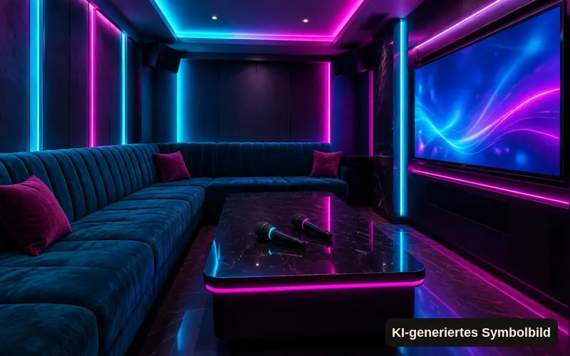 KI-generiertes Symbolbild: Leerer Karaoke-Raum mit Samtsofa, Mikrofonen und Neonleisten