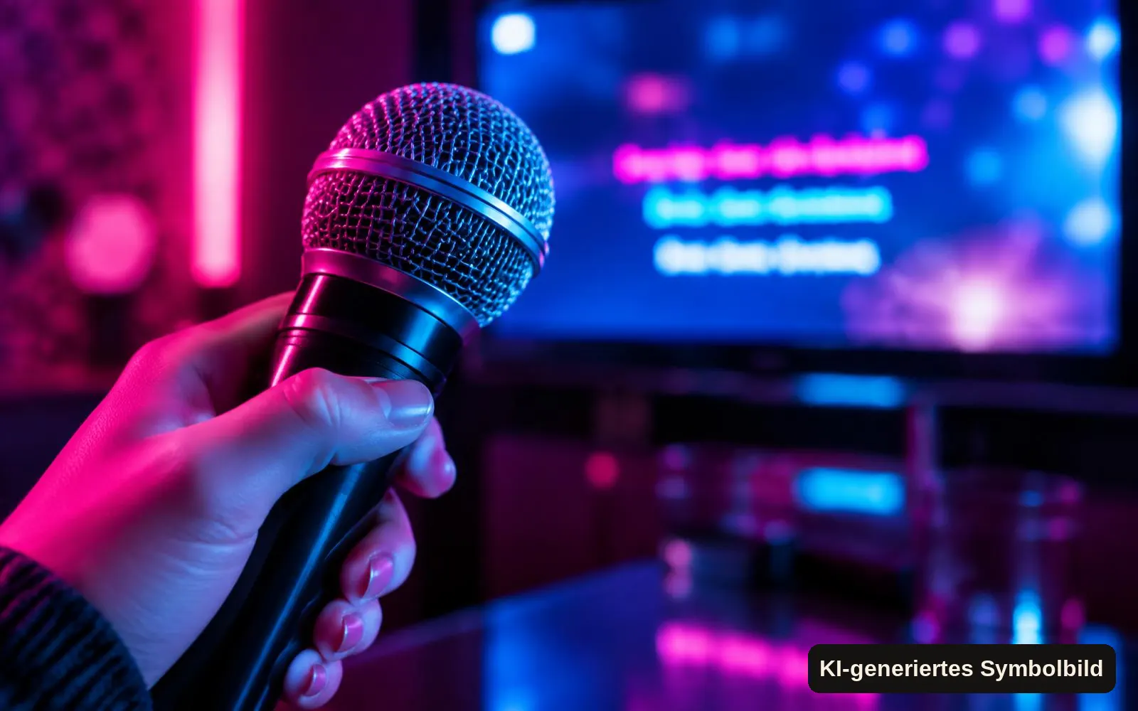KI-generiertes Symbolbild: Hand hält ein Karaoke-Mikrofon vor einem Bildschirm mit Neonlicht