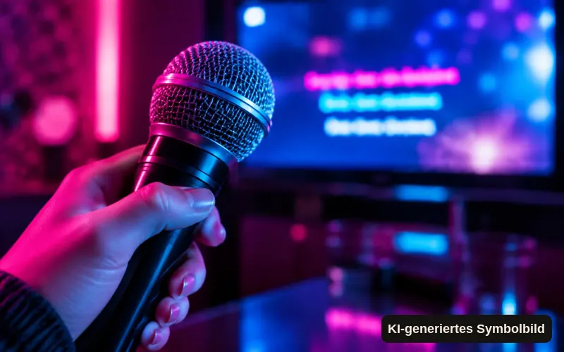 KI-generiertes Symbolbild: Hand hält ein Karaoke-Mikrofon vor einem Bildschirm mit Neonlicht