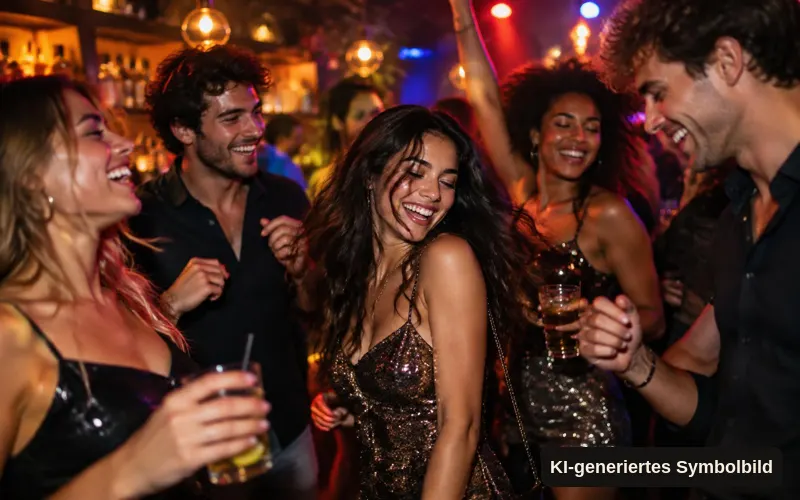 KI-generiertes Symbolbild: Gruppe tanzt und lacht auf einer Abendparty in einer Bar