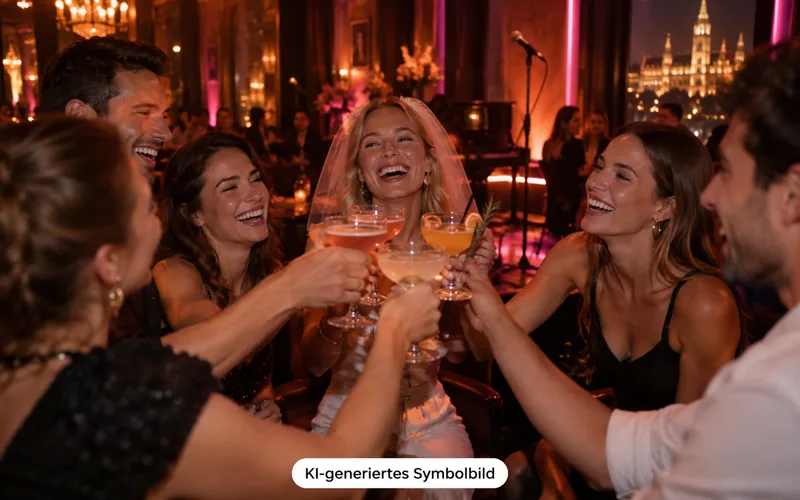 KI-generiertes Symbolbild: Gruppe stößt mit Cocktails an, im Hintergrund ein Karaoke-Mikrofon-Ständer in warmem Licht
