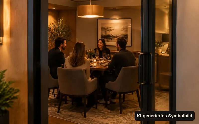 KI-generiertes Symbolbild: Kleine Gruppe isst in einem separaten Raum hinter einer Glastür