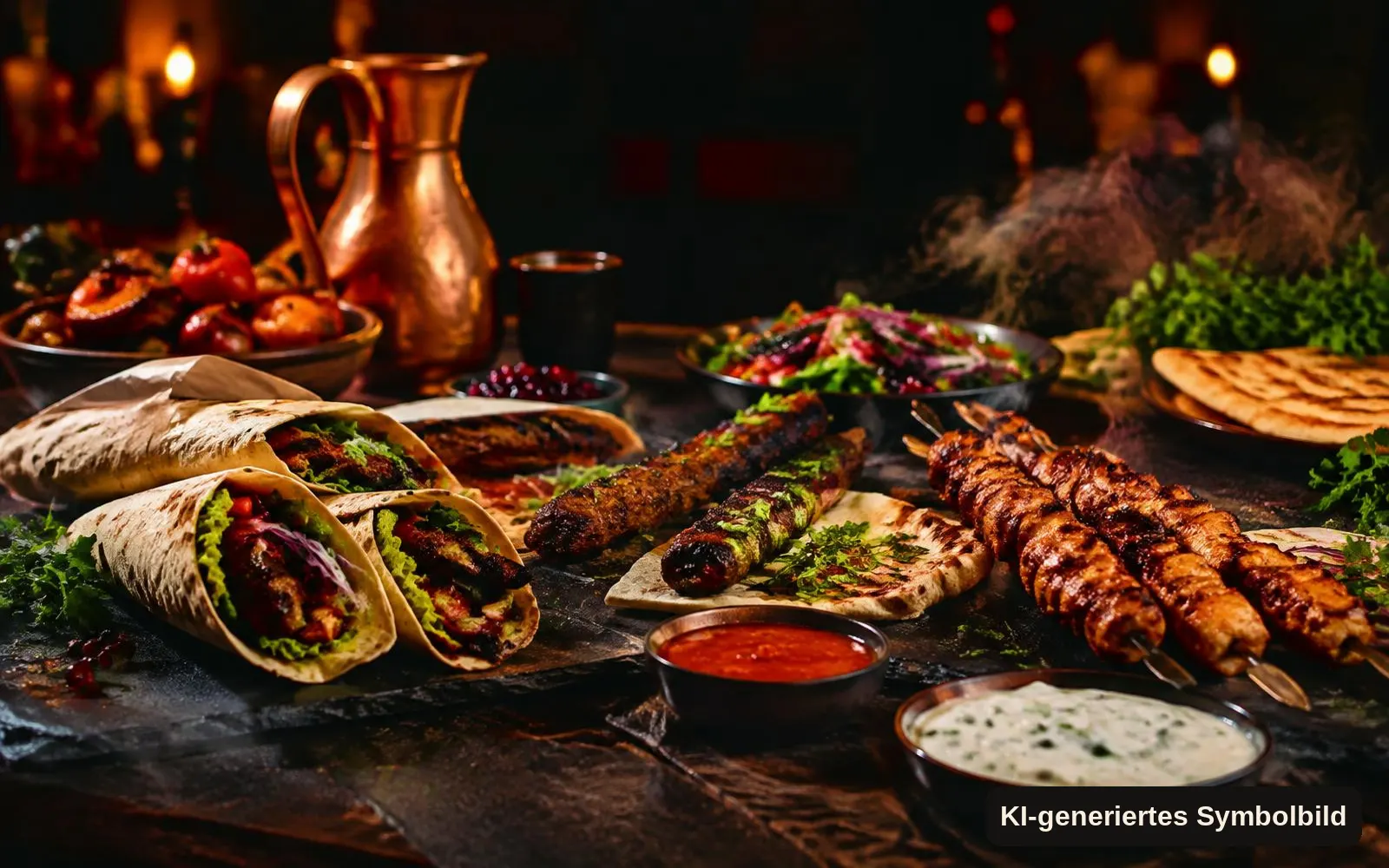 KI-generiertes Symbolbild: Wraps, Grillspieße, Saucen und Kräuter auf einem dunklen Tisch