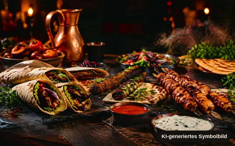 KI-generiertes Symbolbild: Wraps, Grillspieße, Saucen und Kräuter auf einem dunklen Tisch