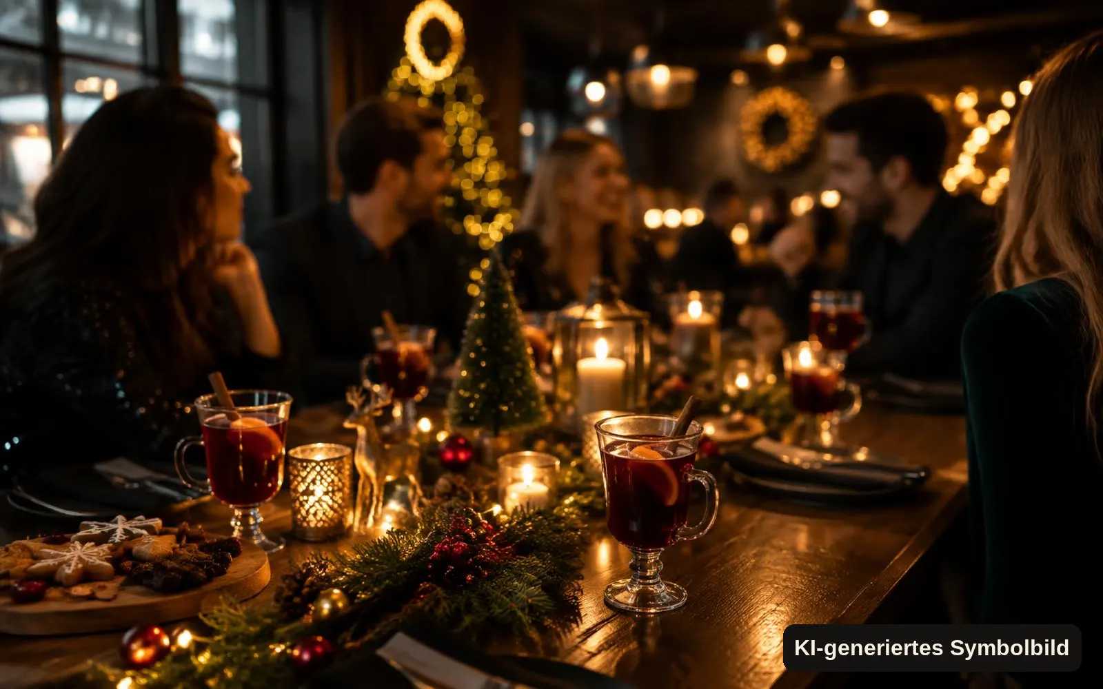 KI-generiertes Symbolbild: Festlich gedeckter Tisch mit Lichterketten und Punsch
