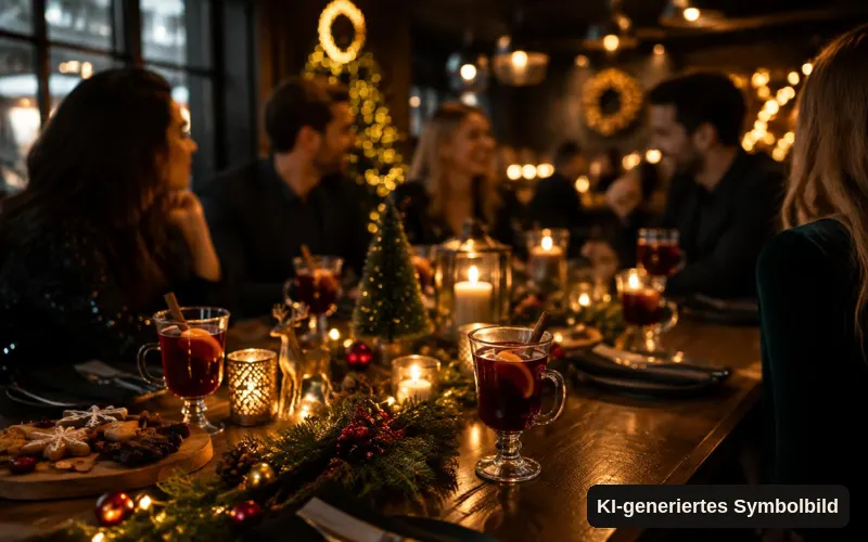 KI-generiertes Symbolbild: Festlich gedeckter Tisch mit Lichterketten und Punsch