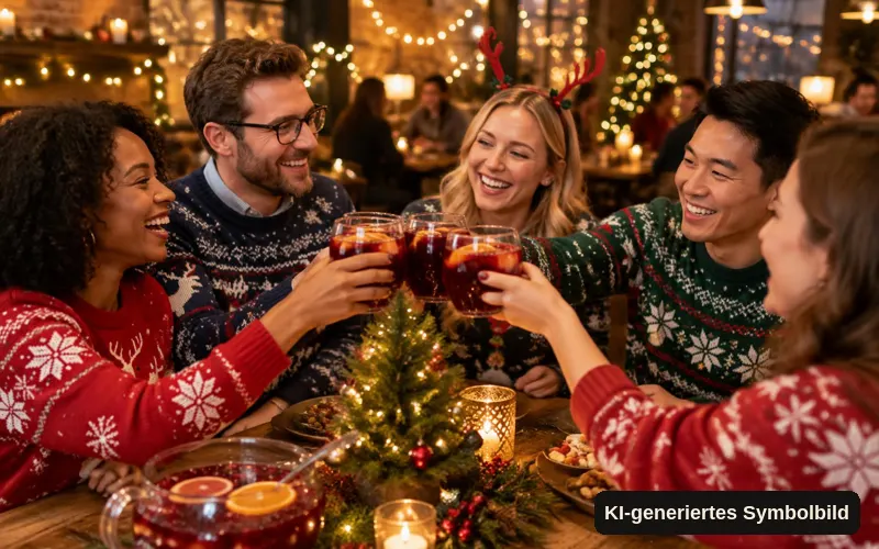 KI-generiertes Symbolbild: Kollegen in Weihnachtspullis stoßen mit Punsch an