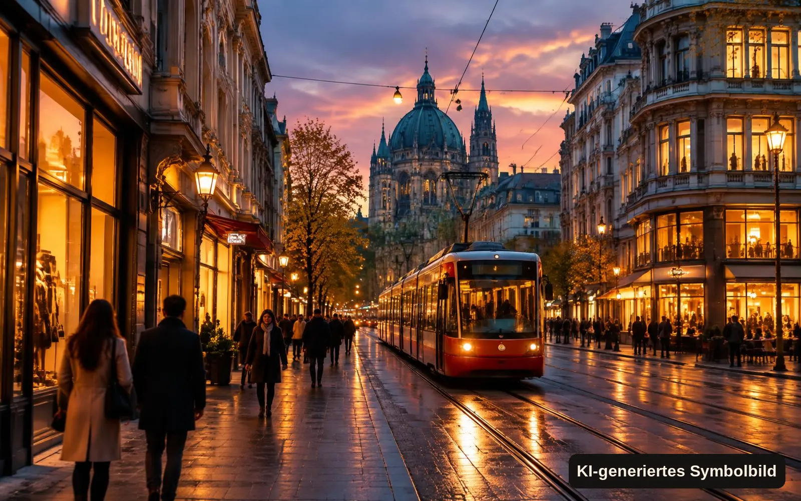 KI-generiertes Symbolbild: Straßenbahn auf einer belebten Wiener Straße in der Abenddämmerung