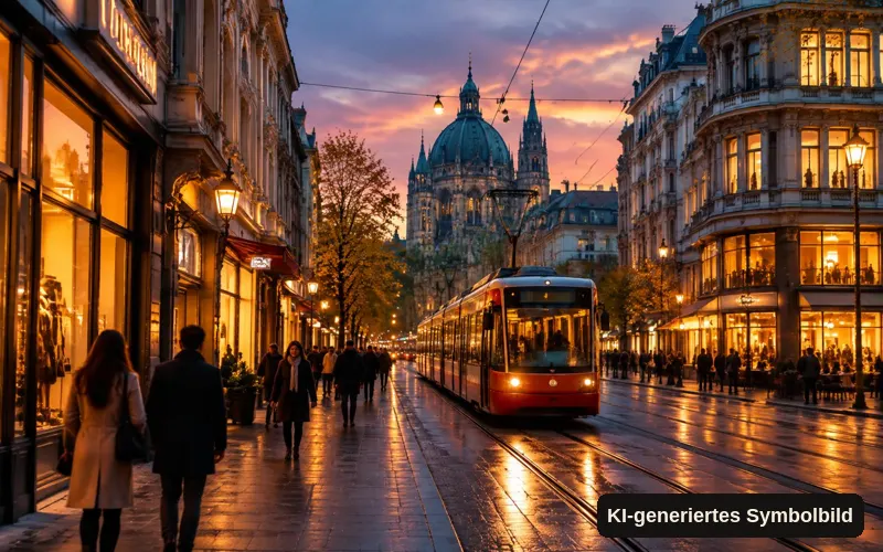 KI-generiertes Symbolbild: Straßenbahn auf einer belebten Wiener Straße in der Abenddämmerung